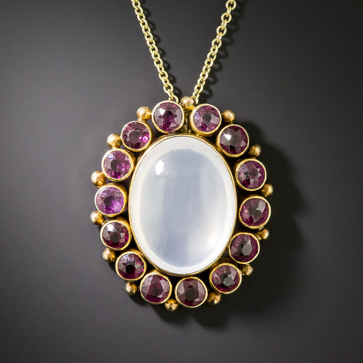 Edwardian 18K Moonstone And Rhodolite Garnet Pendant