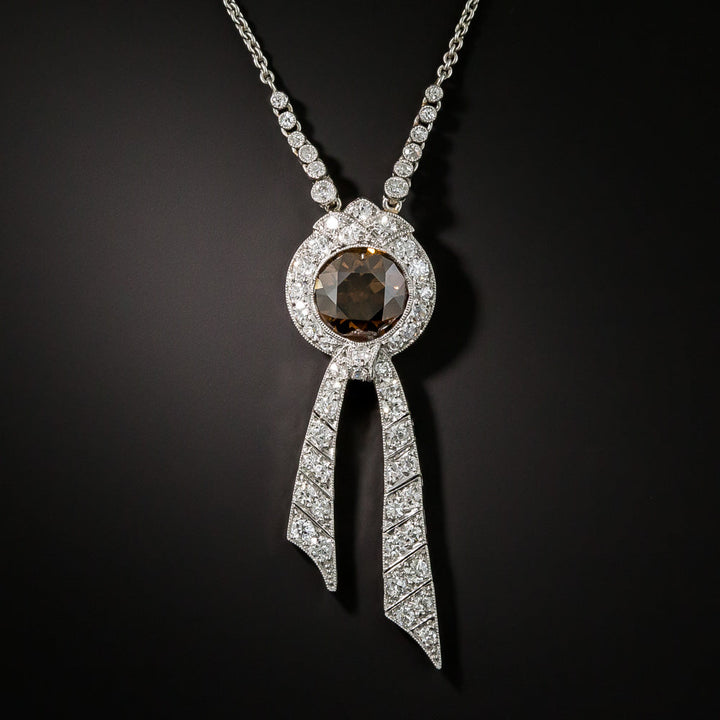 Edwardian 2.33 Carat Natural Brown Diamond Ribbon Necklace - GIA