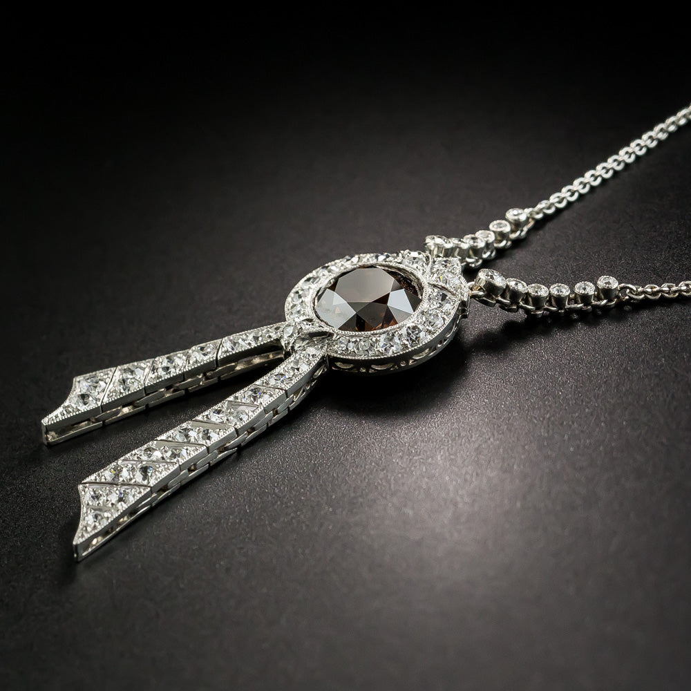 Edwardian 2.33 Carat Natural Brown Diamond Ribbon Necklace - GIA - 2