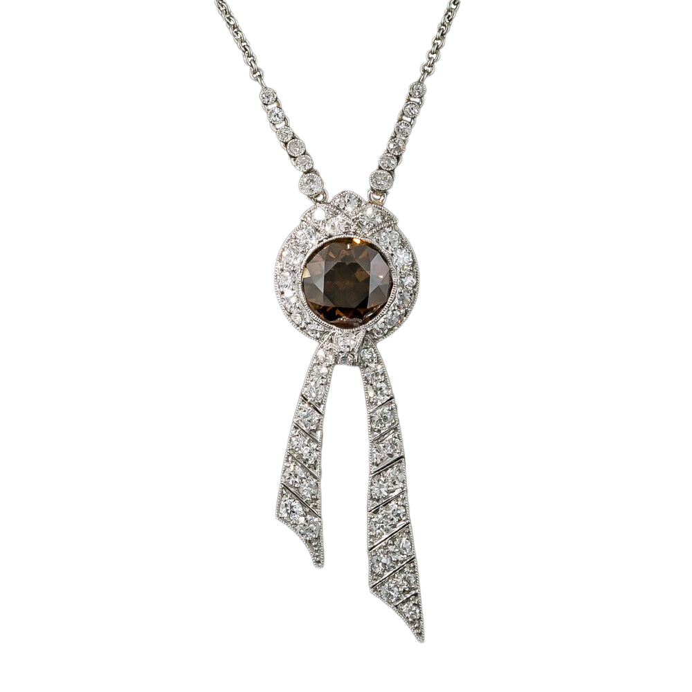 Edwardian 2.33 Carat Natural Brown Diamond Ribbon Necklace - GIA - 4