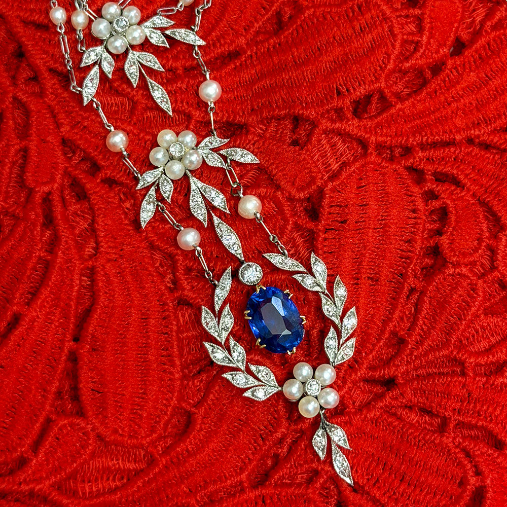 Edwardian 4.00 Carat No-Heat Sapphire, Diamond and Pearl Lavaliere - GIA  - 6