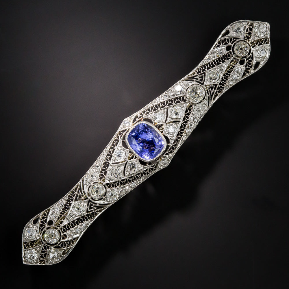 Edwardian 4.85 Carat Sapphire and Diamond Bar Pin -  GIA  - 6