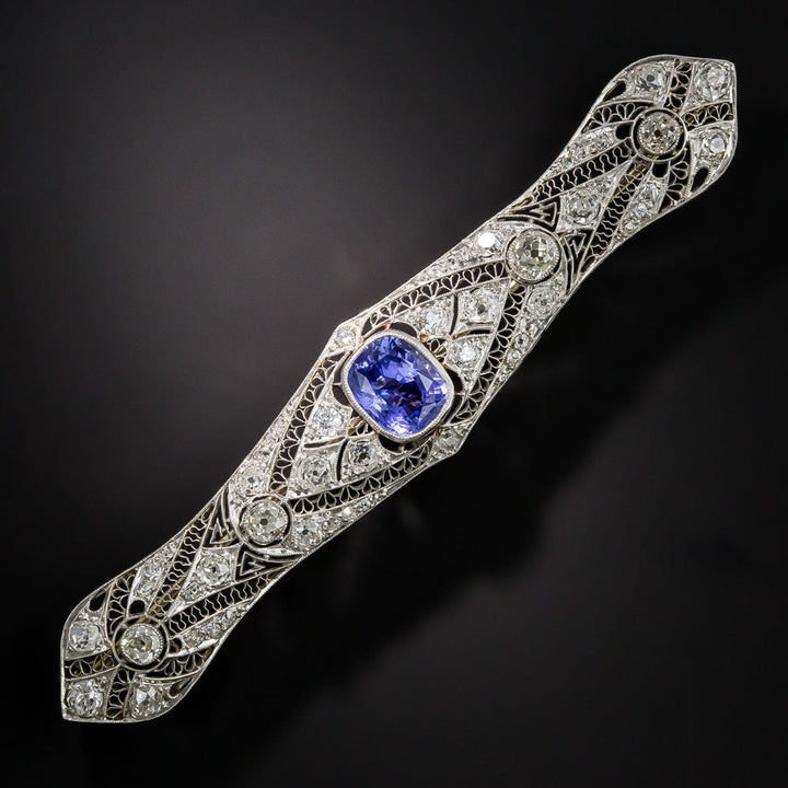 Edwardian 4.85 Carat Sapphire and Diamond Bar Pin -  GIA