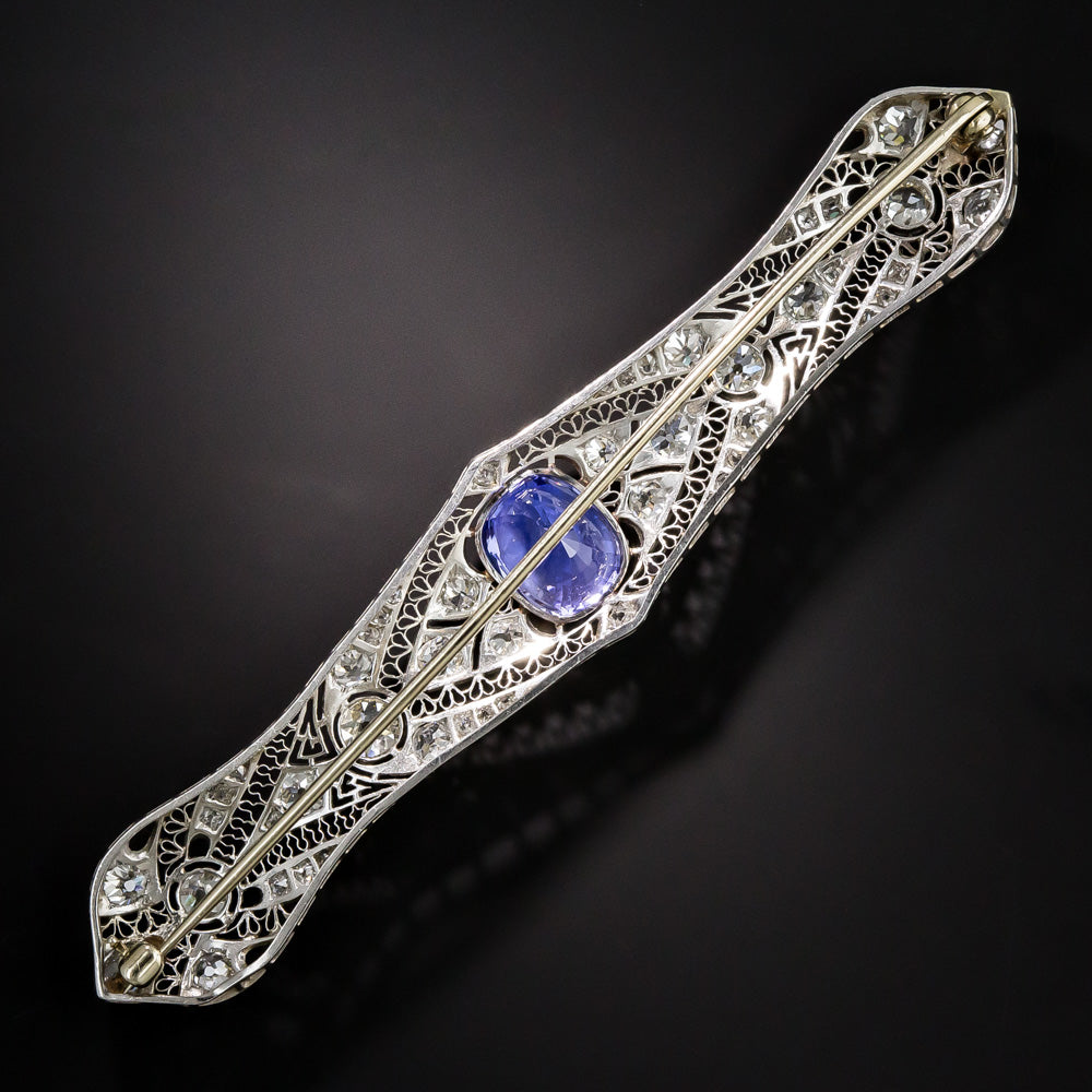 Edwardian 4.85 Carat Sapphire and Diamond Bar Pin -  GIA  - 7
