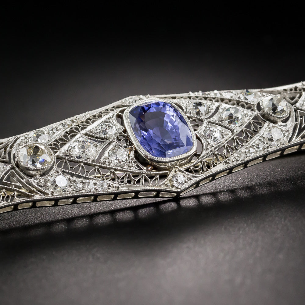 Edwardian 4.85 Carat Sapphire and Diamond Bar Pin -  GIA  - 8