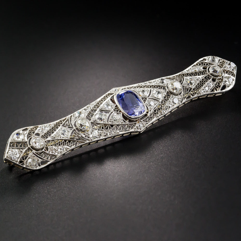 Edwardian 4.85 Carat Sapphire and Diamond Bar Pin -  GIA  - 9