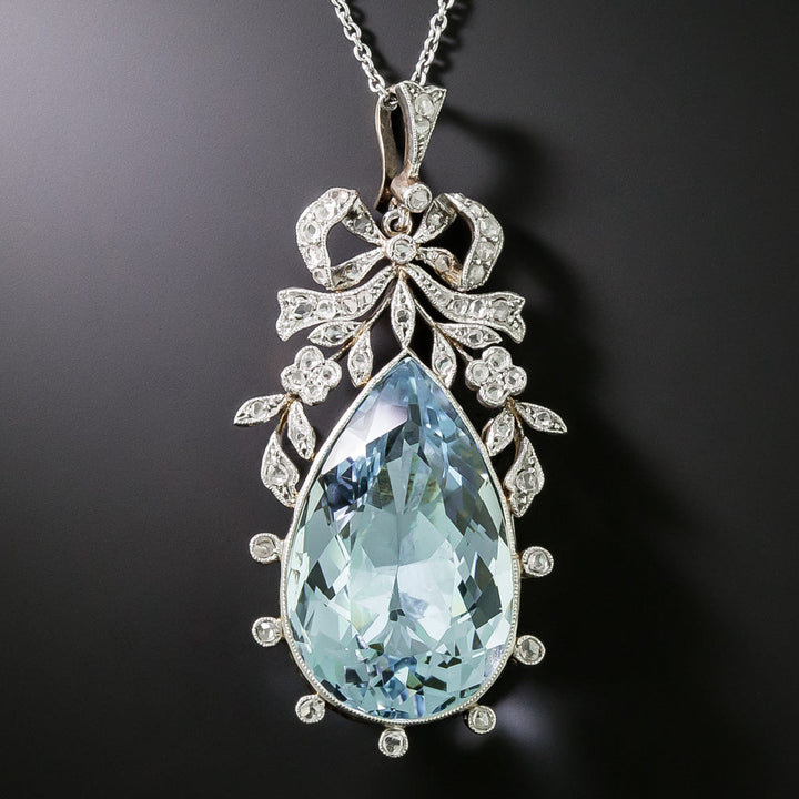 Edwardian Aquamarine and Diamond Bow Pendant