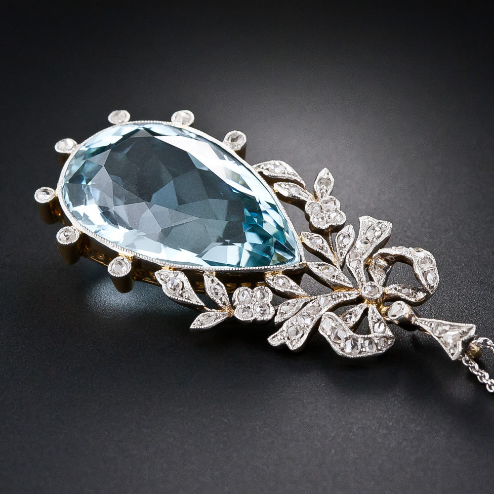 Edwardian Aquamarine and Diamond Bow Pendant - 8