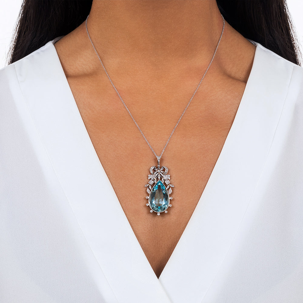 Edwardian Aquamarine and Diamond Bow Pendant - 6