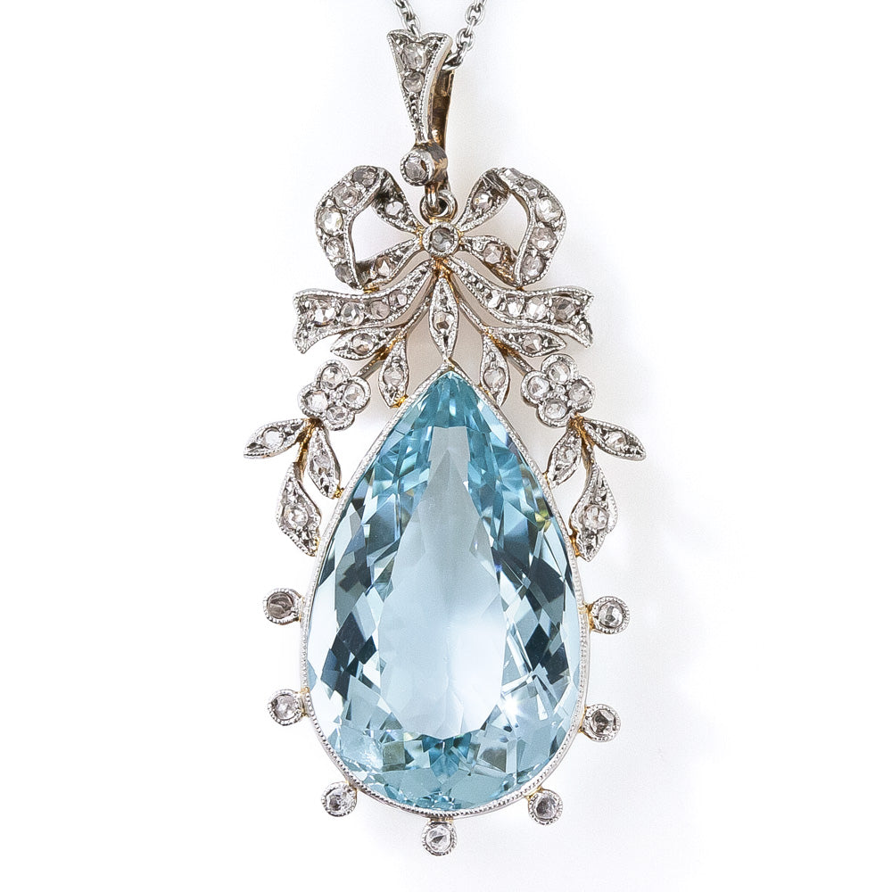 Edwardian Aquamarine and Diamond Bow Pendant - 10