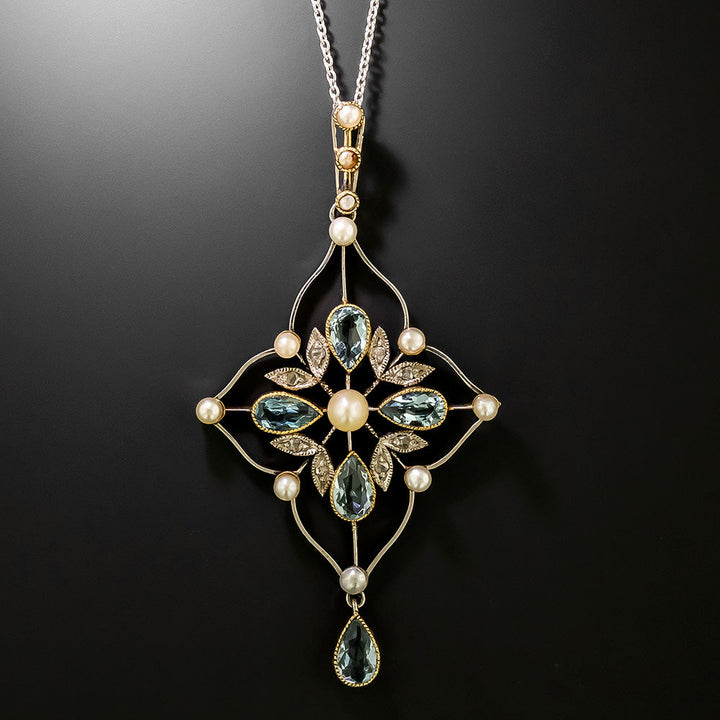 Edwardian Aquamarine and Diamond Lavaliere Necklace