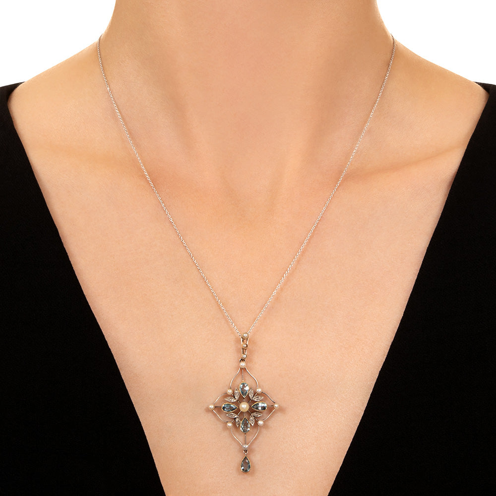 Edwardian Aquamarine and Diamond Lavaliere Necklace - 4