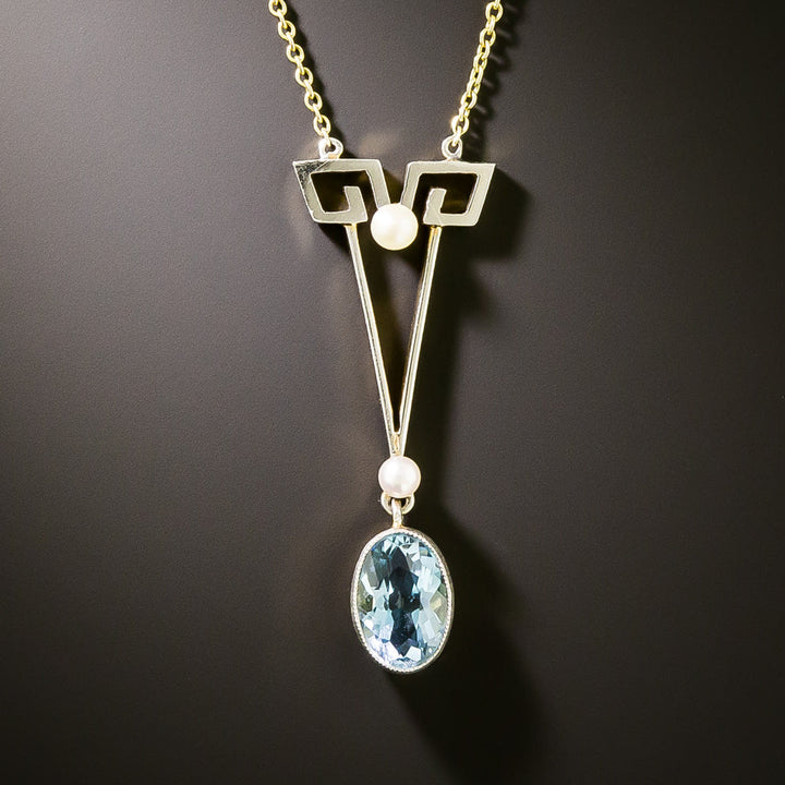 Edwardian Aquamarine and Pearl Necklace