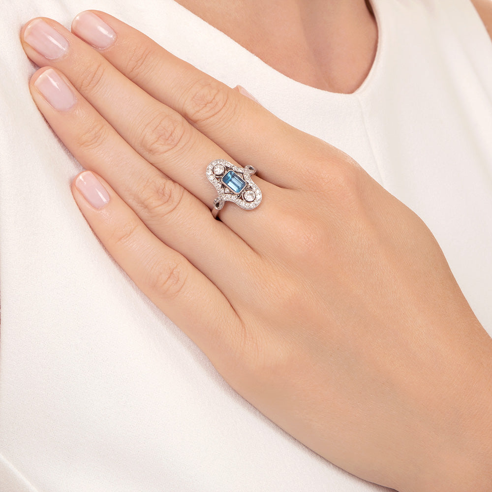 Edwardian/Art Deco-Style Aquamarine and Diamond Dinner Ring - 6