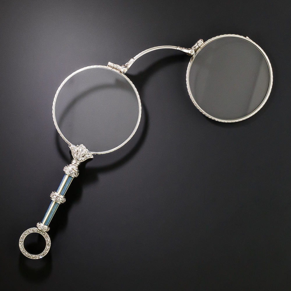 Edwardian Blue Enamel and Diamond Lorgnette - 4