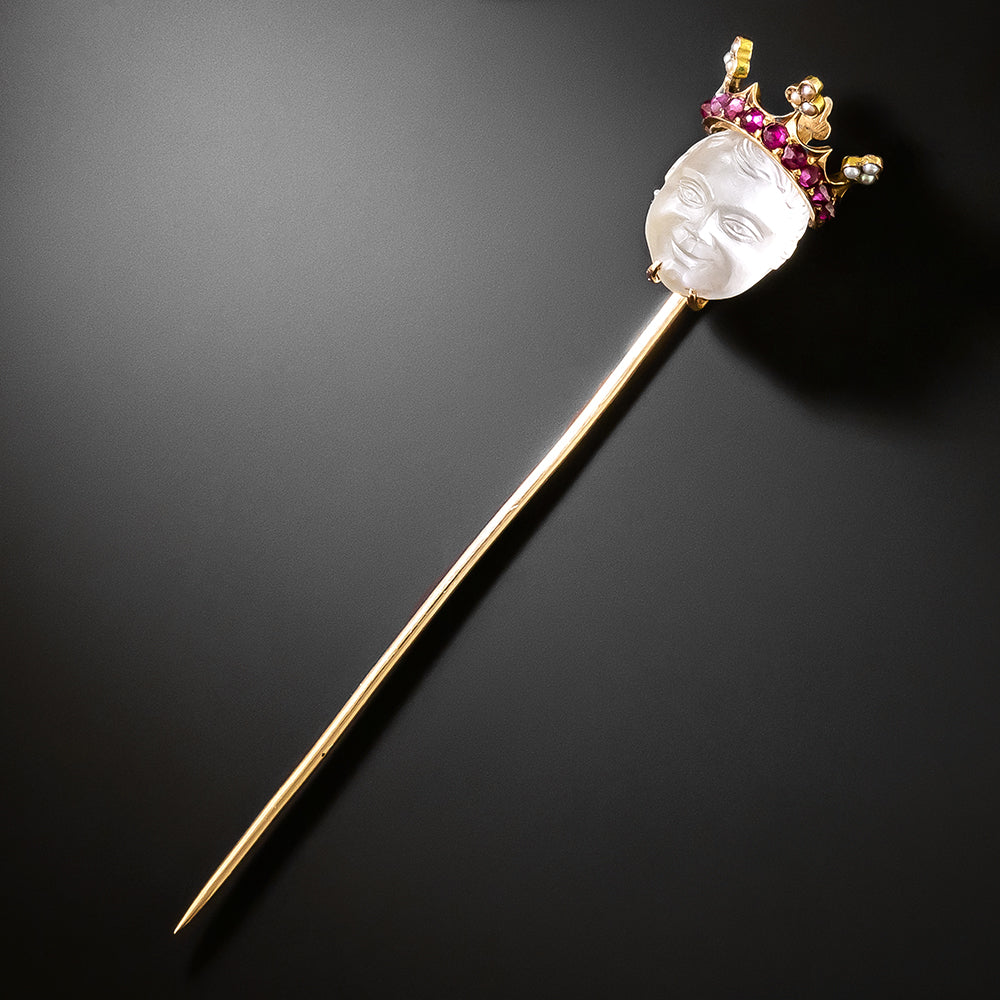 Edwardian Carved Moonstone King's Head Stickpin - 2