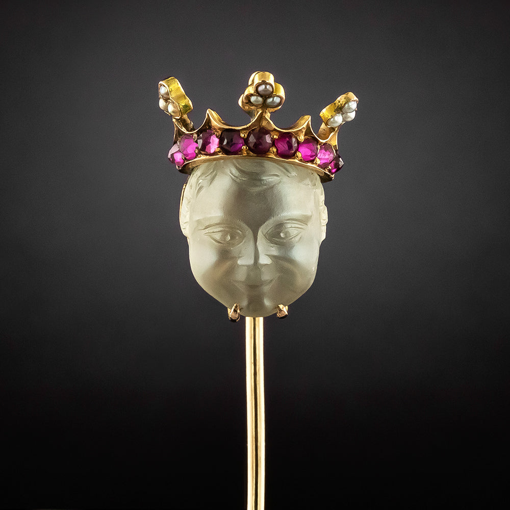 Edwardian Carved Moonstone King's Head Stickpin - 4