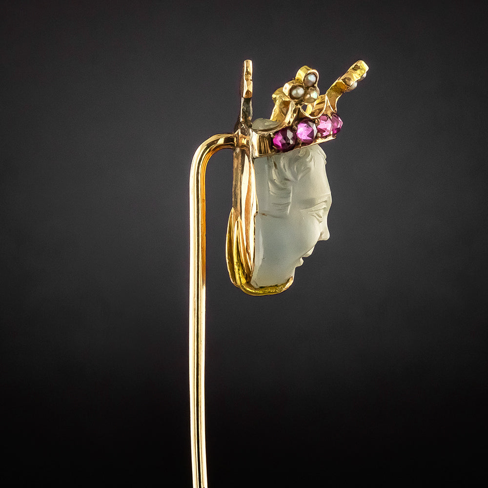 Edwardian Carved Moonstone King's Head Stickpin - 5