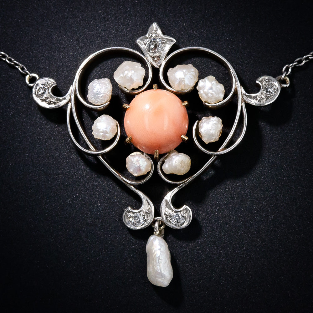 Edwardian Coral and Natural Pearl Stylized Heart Necklace - 1