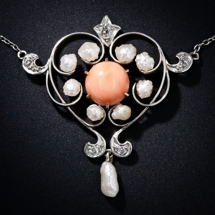 Edwardian Coral and Natural Pearl Stylized Heart Necklace
