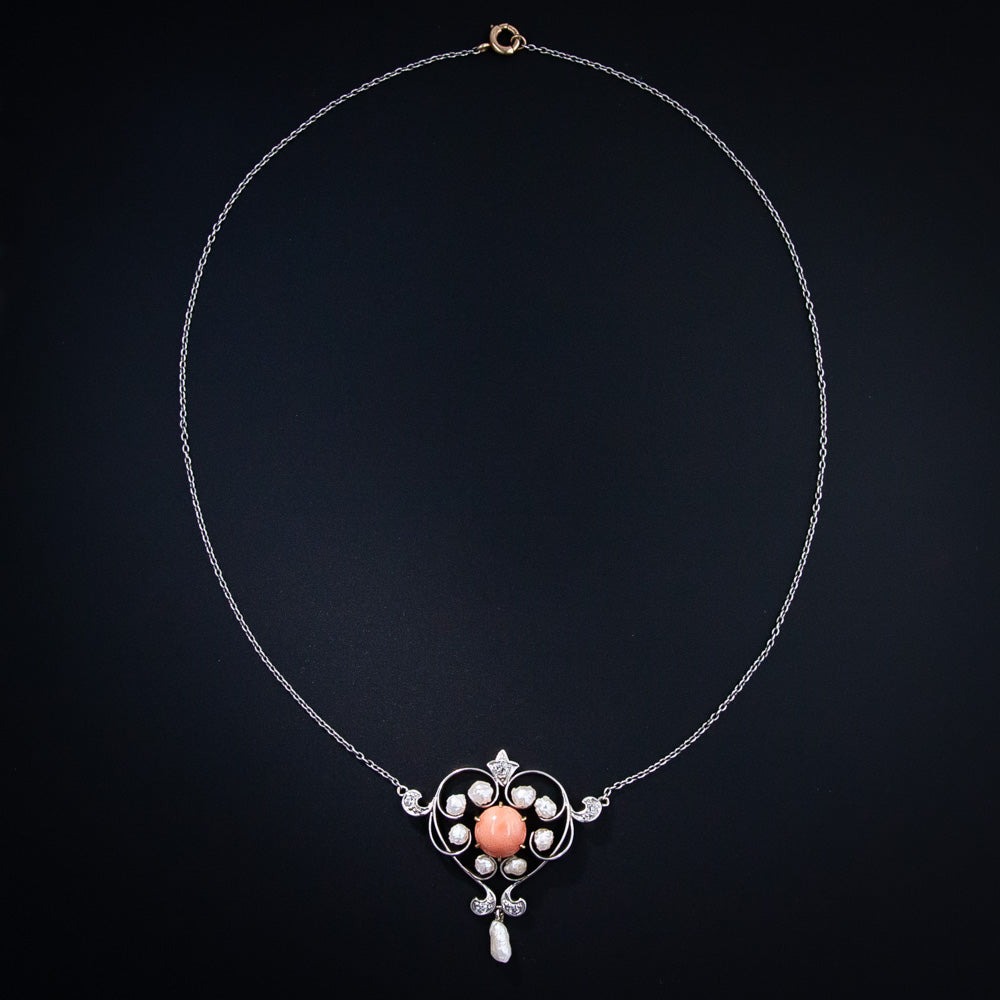 Edwardian Coral and Natural Pearl Stylized Heart Necklace - 2