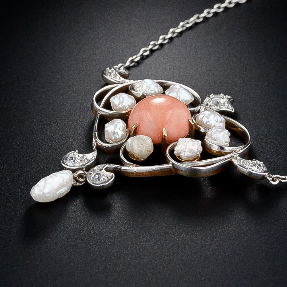 Edwardian Coral and Natural Pearl Stylized Heart Necklace - 3
