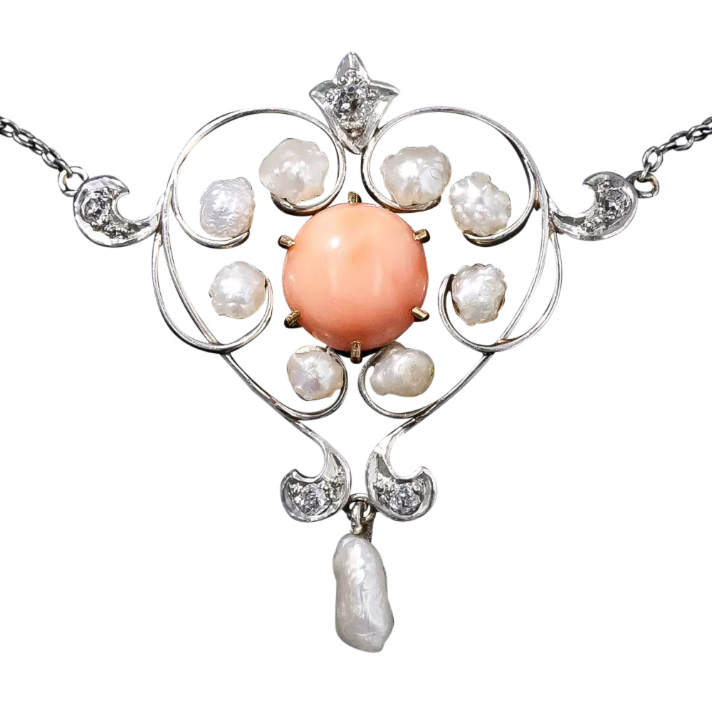 Edwardian Coral and Natural Pearl Stylized Heart Necklace - 4
