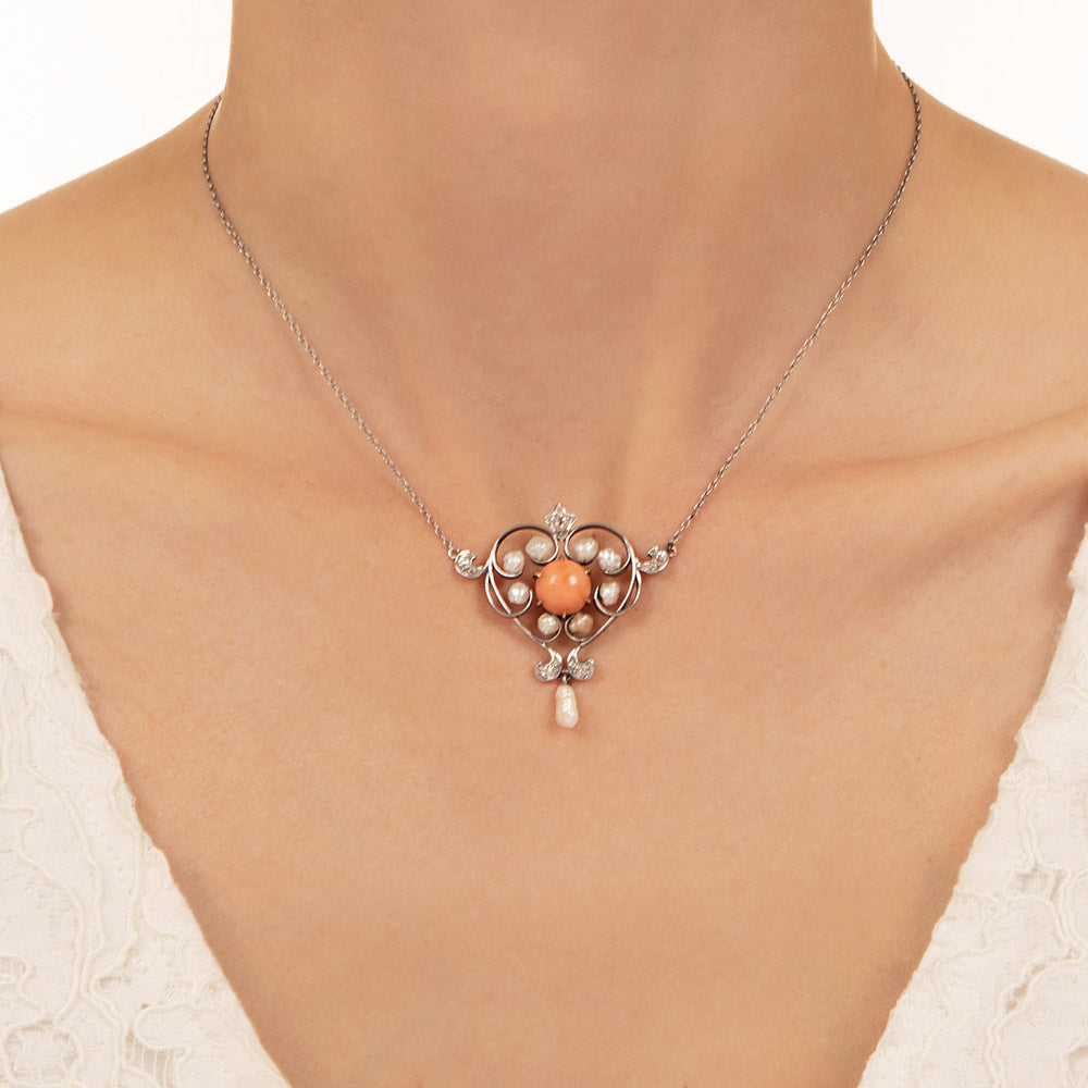 Edwardian Coral and Natural Pearl Stylized Heart Necklace - 5