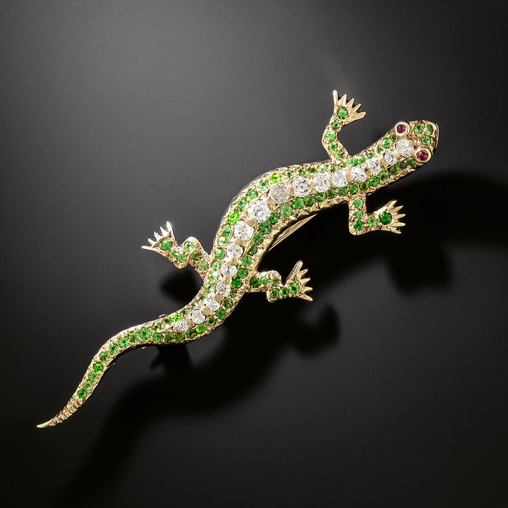Edwardian Demantoid Garnet and Diamond Salamander Brooch