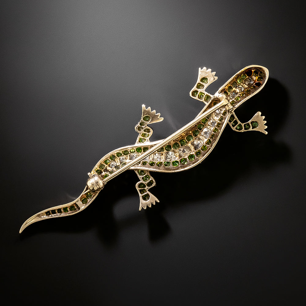 Edwardian Demantoid Garnet and Diamond Salamander Brooch - 3