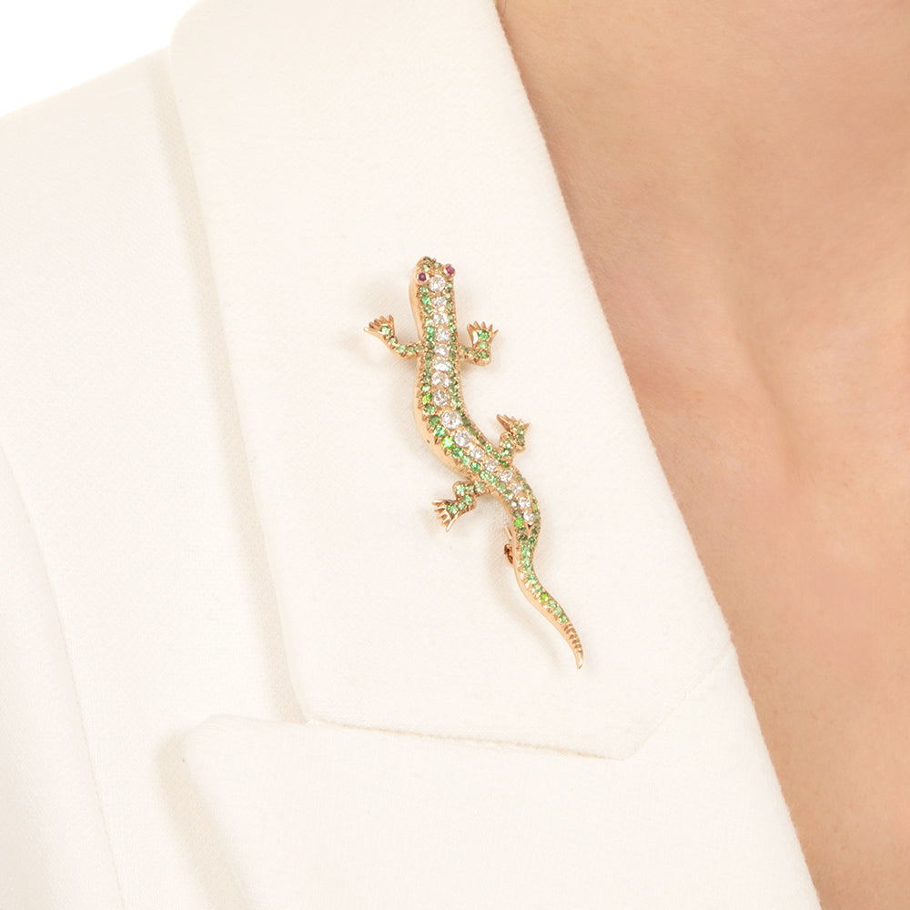 Edwardian Demantoid Garnet and Diamond Salamander Brooch - 4