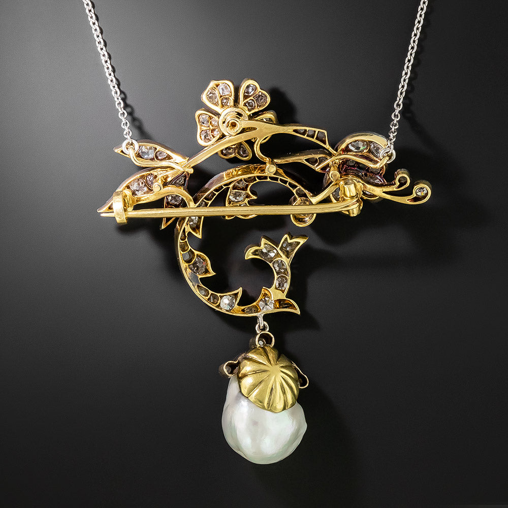 Edwardian Diamond and Baroque Pearl Necklace/Brooch - 3