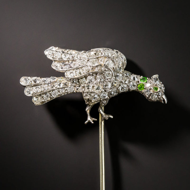 Edwardian Diamond and Demantoid Garnet Bird Stickpin
