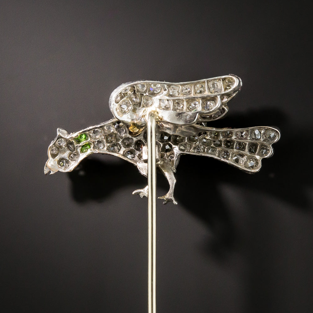 Edwardian Diamond and Demantoid Garnet Bird Stickpin - 2