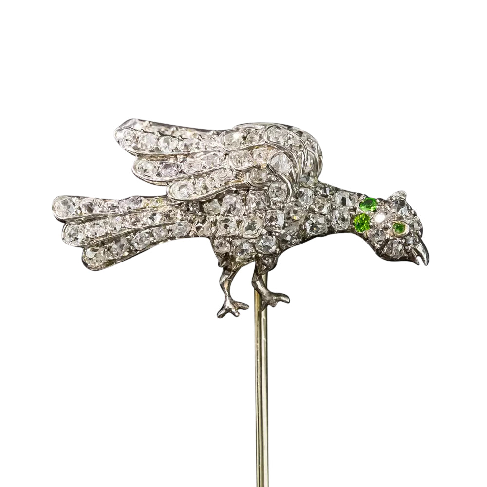 Edwardian Diamond and Demantoid Garnet Bird Stickpin - 4