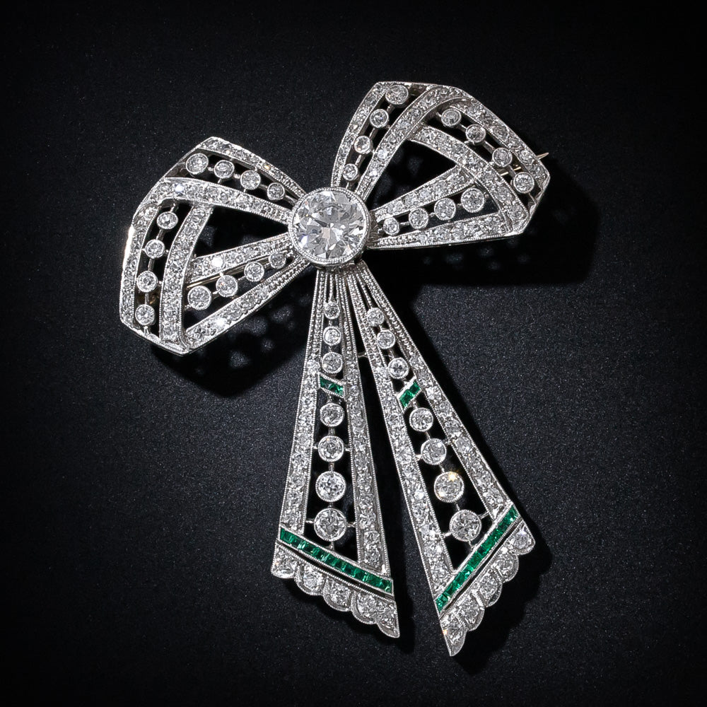 Edwardian Diamond and Emerald Bow Brooch - 3