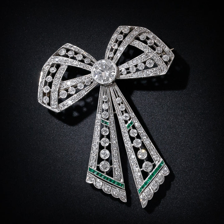 Edwardian Diamond and Emerald Bow Brooch