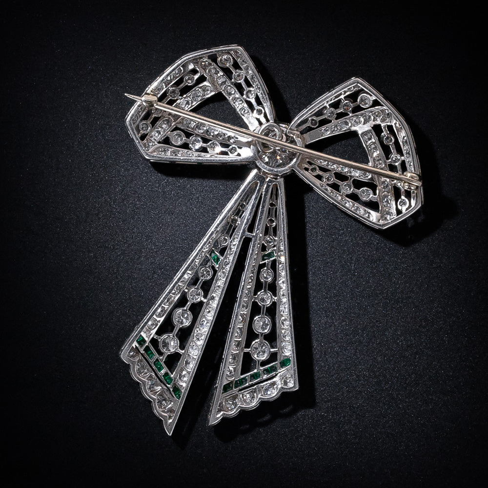 Edwardian Diamond and Emerald Bow Brooch - 4