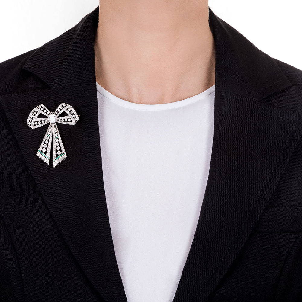Edwardian Diamond and Emerald Bow Brooch - 5