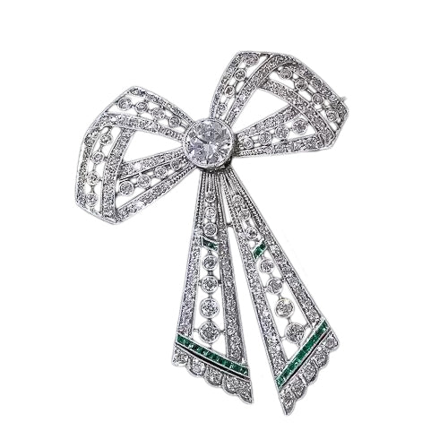 Edwardian Diamond and Emerald Bow Brooch - 3