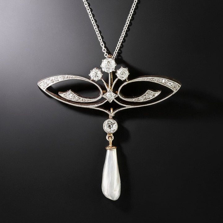 Edwardian Diamond and Freshwater Pearl Lavalière Necklace
