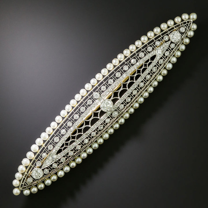 Edwardian Diamond and Natural Pearl Brooch