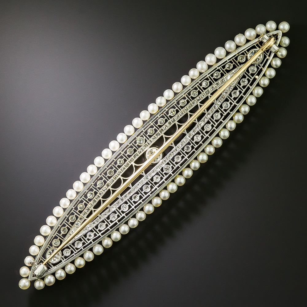 Edwardian Diamond and Natural Pearl Brooch - 6