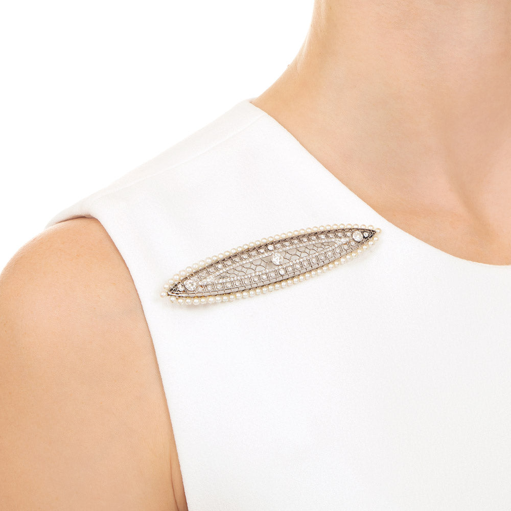 Edwardian Diamond and Natural Pearl Brooch - 8