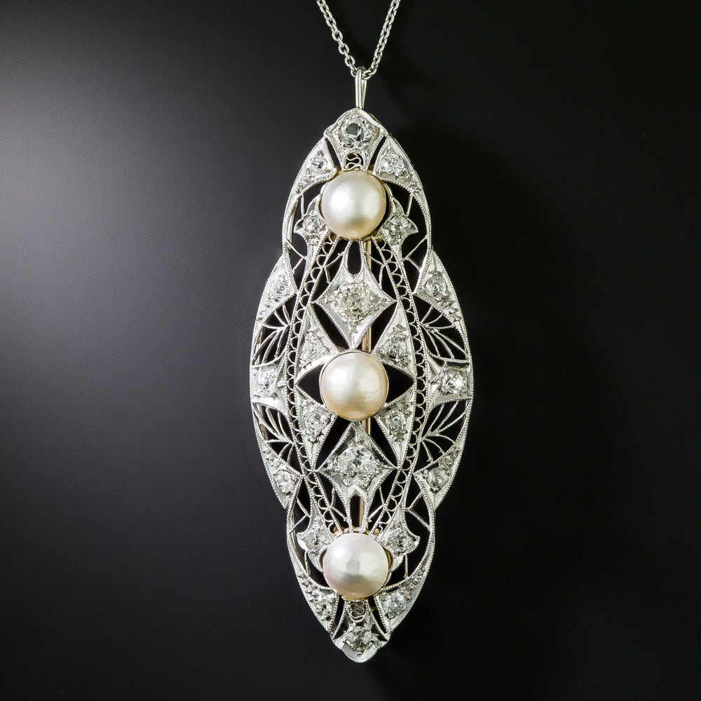 Edwardian Diamond and Natural Pearl Filigree Pendant/Brooch - GIA  - 3