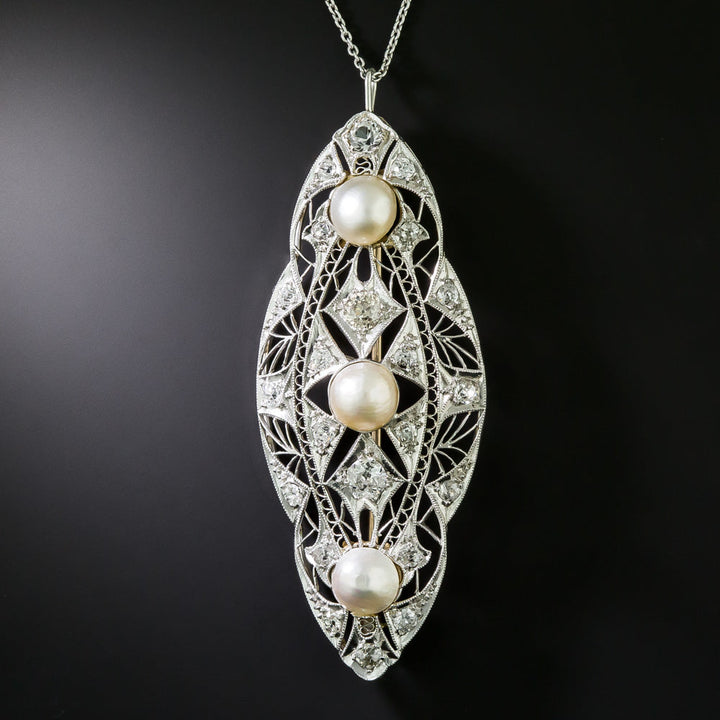 Edwardian Diamond and Natural Pearl Filigree Pendant/Brooch - GIA