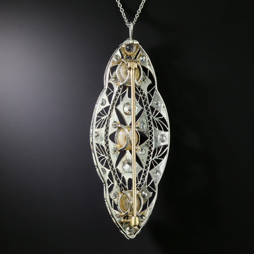 Edwardian Diamond and Natural Pearl Filigree Pendant/Brooch - GIA  - 4