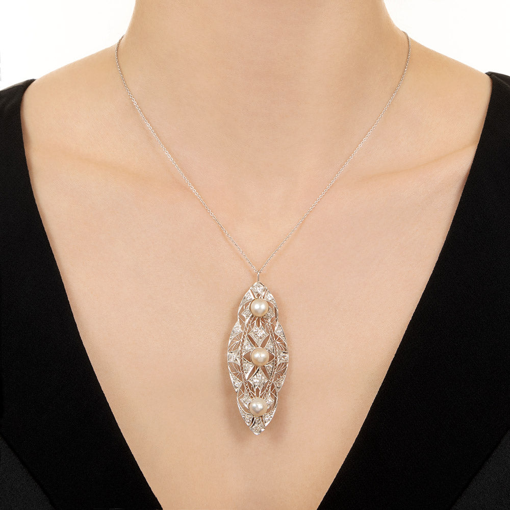 Edwardian Diamond and Natural Pearl Filigree Pendant/Brooch - GIA  - 6
