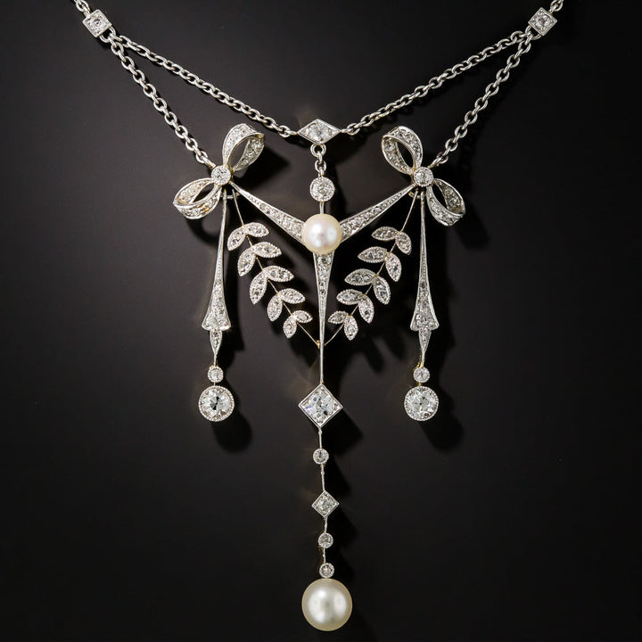 Edwardian Diamond and Natural Pearl Necklace