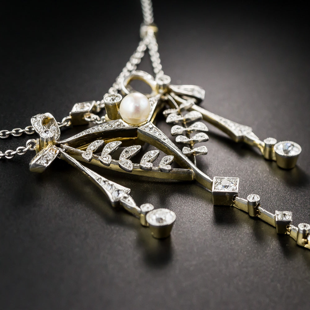 Edwardian Diamond and Natural Pearl Necklace - 5